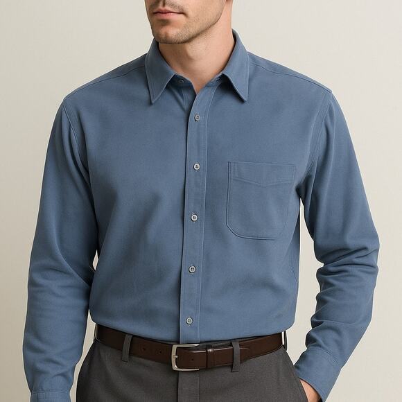 Y2K George Slate Blue Sueded Men Button Up Shirt L Soft Microfiber Classic Retro - Picture 1 of 17